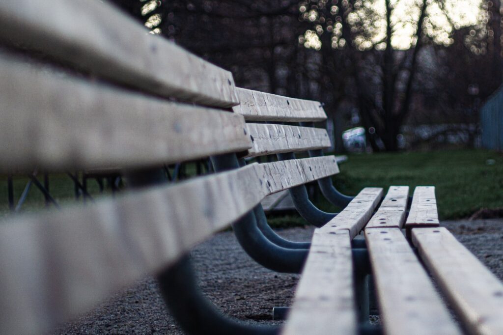 park bench in city of Waterloo Canada for a dispensary