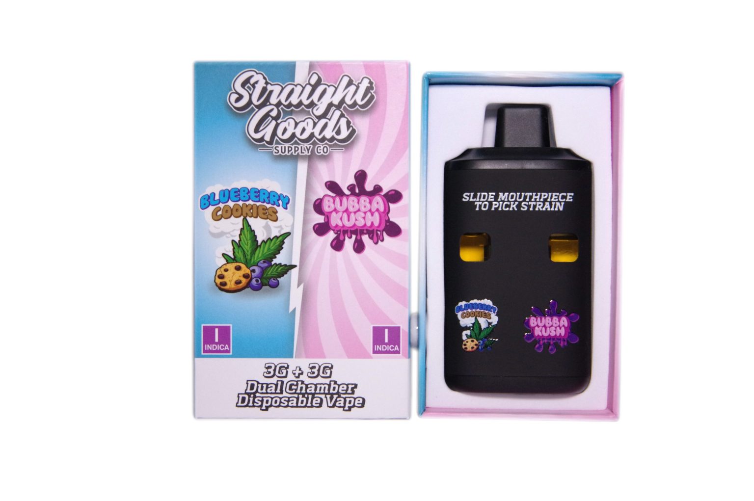 Straight Goods Supply Co Gram Dual Chamber Disposable Vapes Blueberry Cookies Bubba Kush